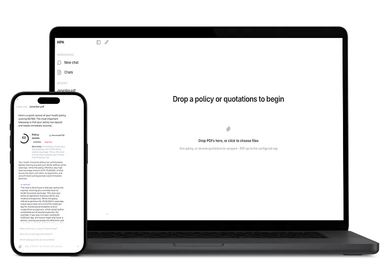 HIPA on laptop and mobile — drop a policy to begin analysis